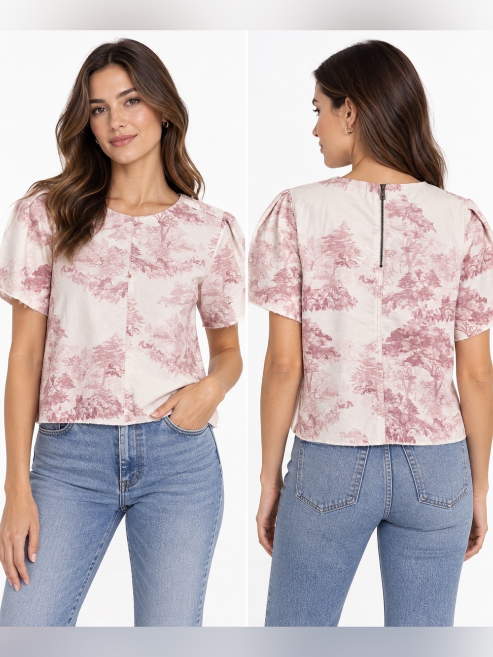 Ted Baker Pink Toile Print Structured Shoulder Top Size 5 US 12